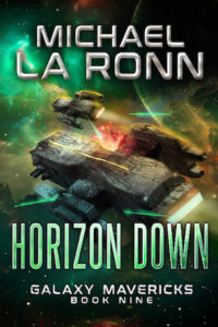 Book cover for Horizon Down, Book 9 of Galaxy Mavericks by Michael La Ronn. Two spaceships on the run through a beautiful nebula while shots are being fired at them. 