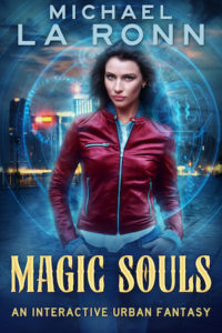 Attractive, assertive Caucasian woman with brown hair in a red leather jacket standing against a city background, with blue magic swirling around her