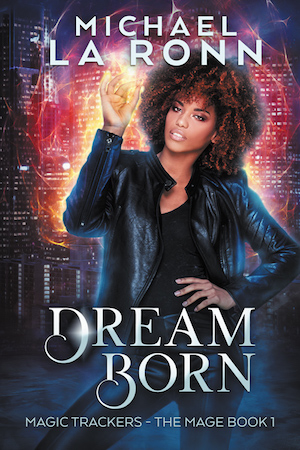 Dream Born by Michael La Ronn. Attractive African-American woman in a leather jacket against a city backdrop, with red magic in her hands.