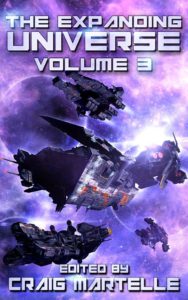 The Expanding Universe Book Cover. Several spaceships flying in battle in a purple background