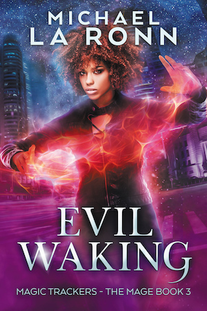 Dream Born book cover. Attractive African-American woman wielding magic against a city background.