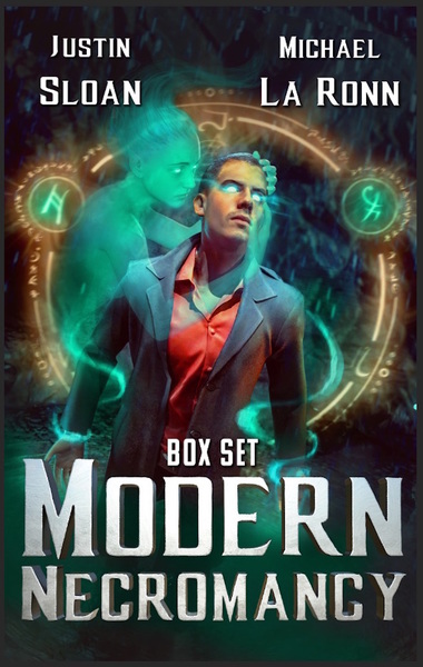 Modern Necromancy Box Set cover. Attractive male in the netherworld with a spirit caressing him.