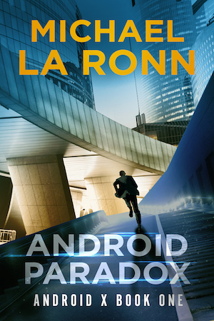 Android Paradox book cover. Silhouette of a man running against a futuristic background.