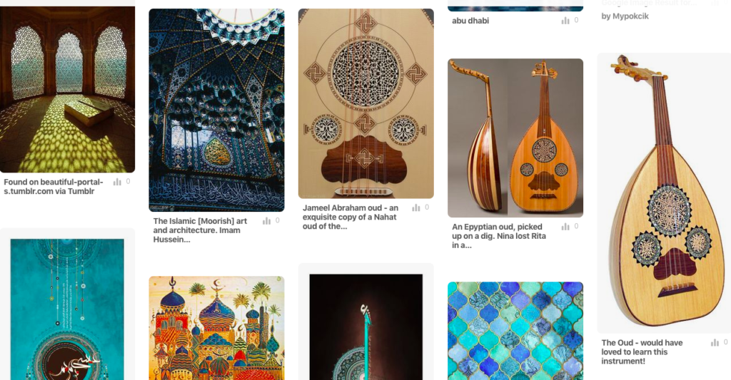 Assortment of middle eastern art, ouds, and other inspirational images
